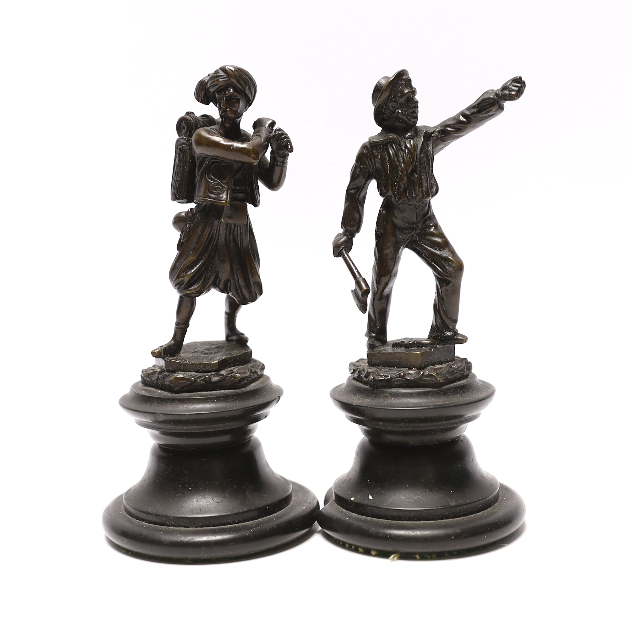 A pair of late 19th century French bronze figures of a woodcutter and a Turk, both 16cm